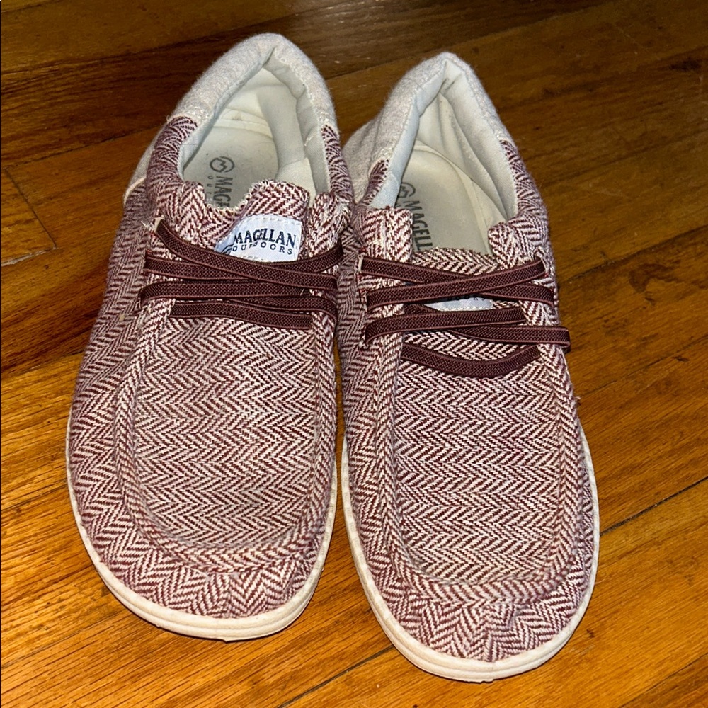 Magellan Outdoors Maroon and White Herringbone Slip-On Sneakers
